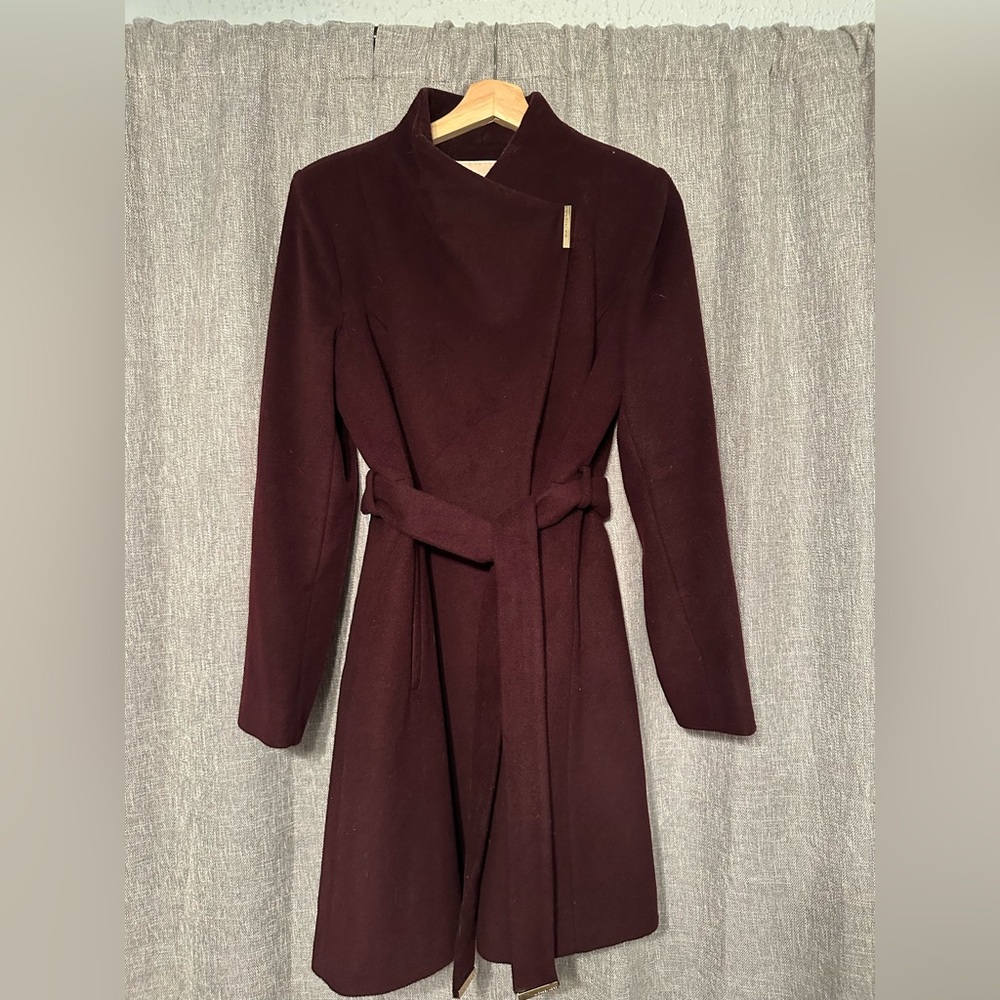 Michael Kors Wool Belted Coat. Medium. Wine. Gold finishes.
